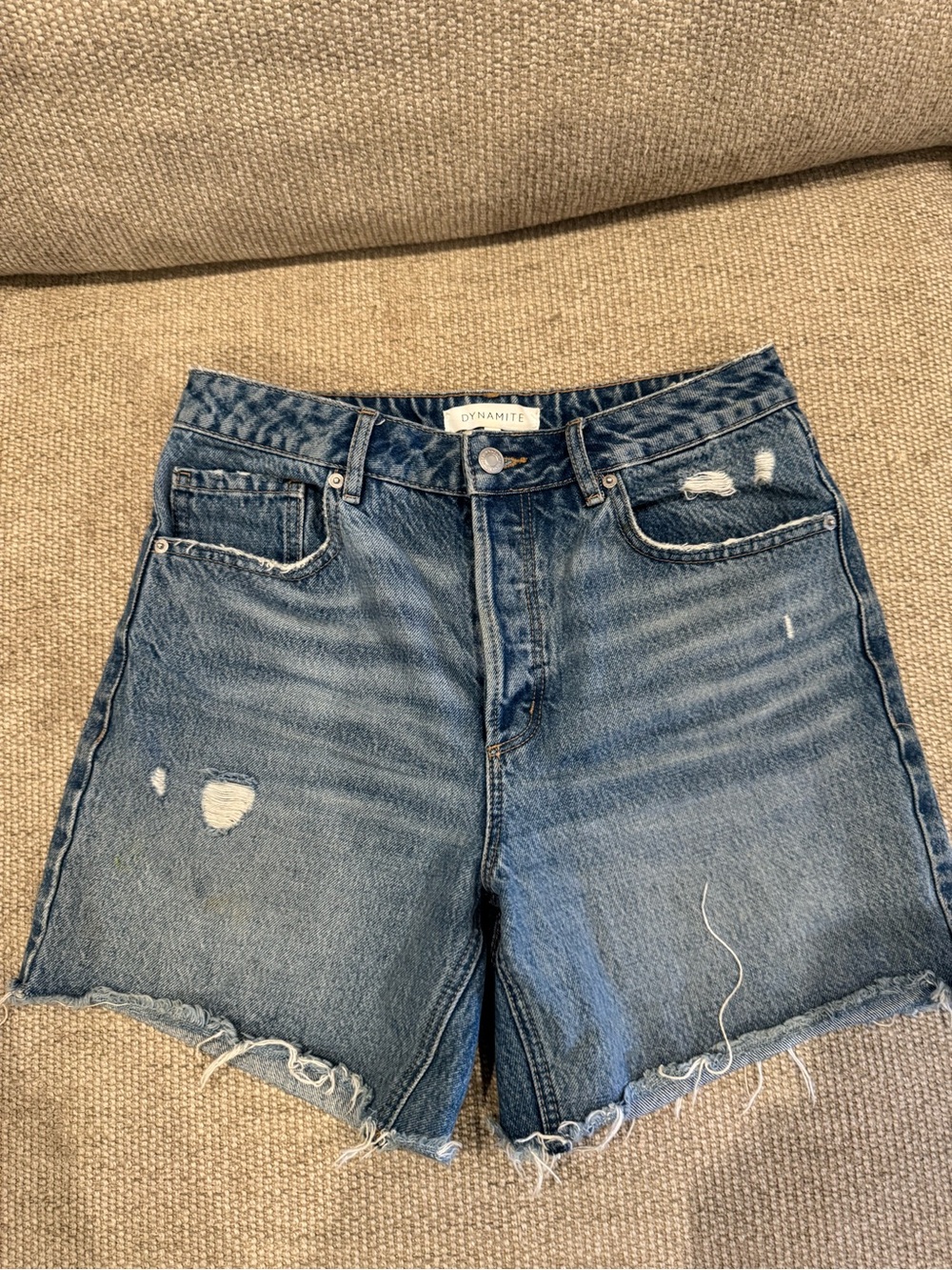 Dynamite Distressed High-Rise Denim Bermuda Shorts in Faded Blue